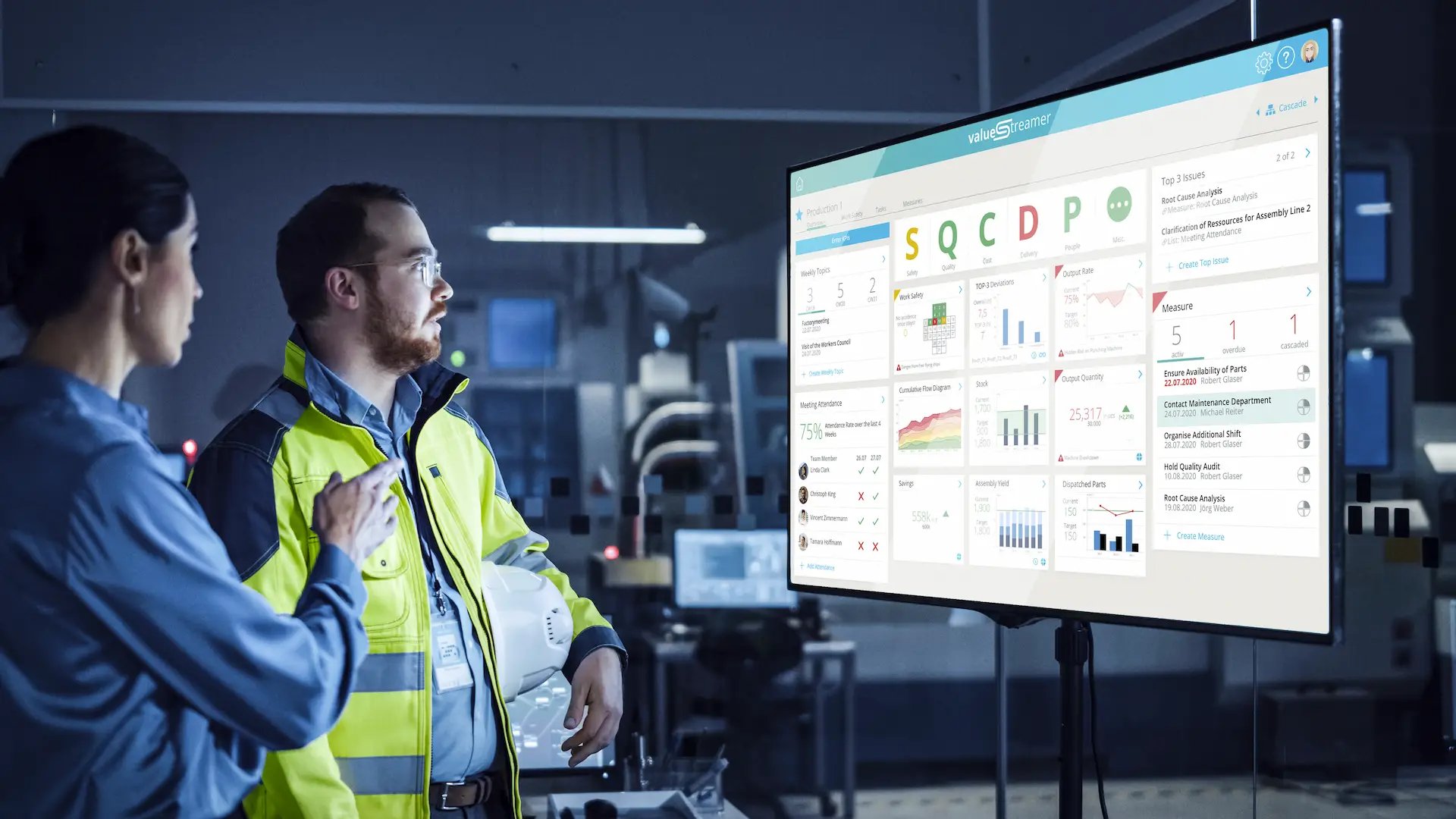 Zwei Personen betrachten digitales Shopfloor Board der Staufen.ValueStreamer GmbH