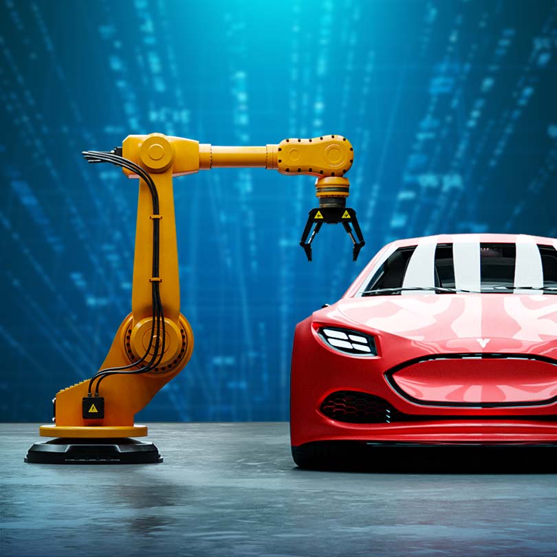Illustration for Webinar Multi-project management in the automotive industry: Crane stands next to red car.