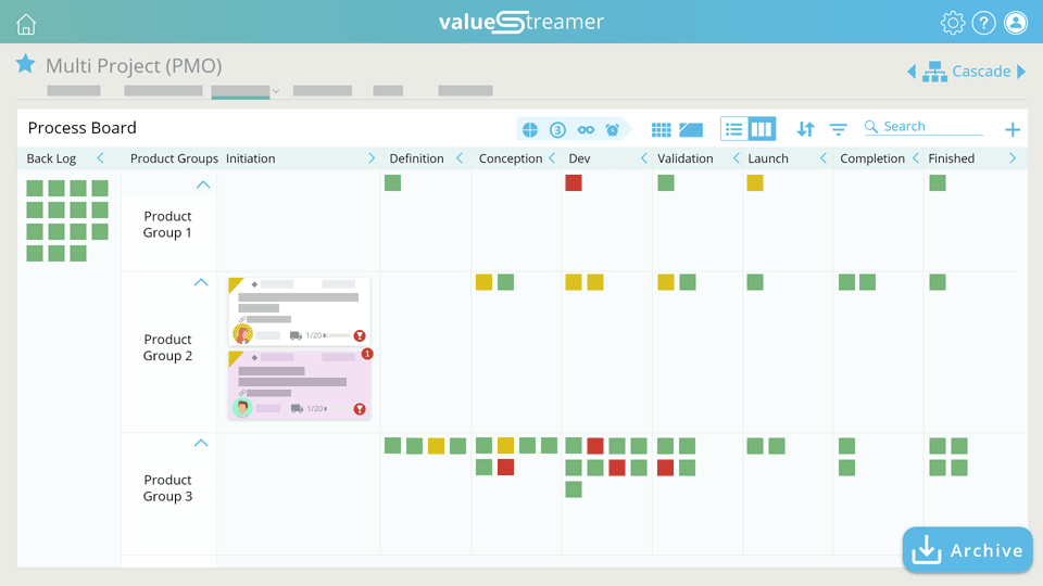 Prozessboard im Kanban-Stil von ValueStreamer