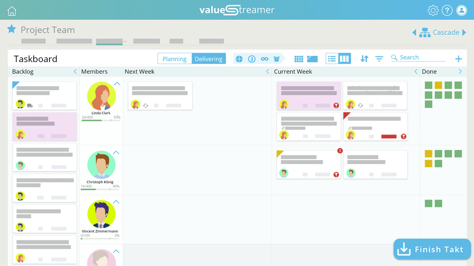 Aufgabenboard im Kanban-Stil von ValueStreamer