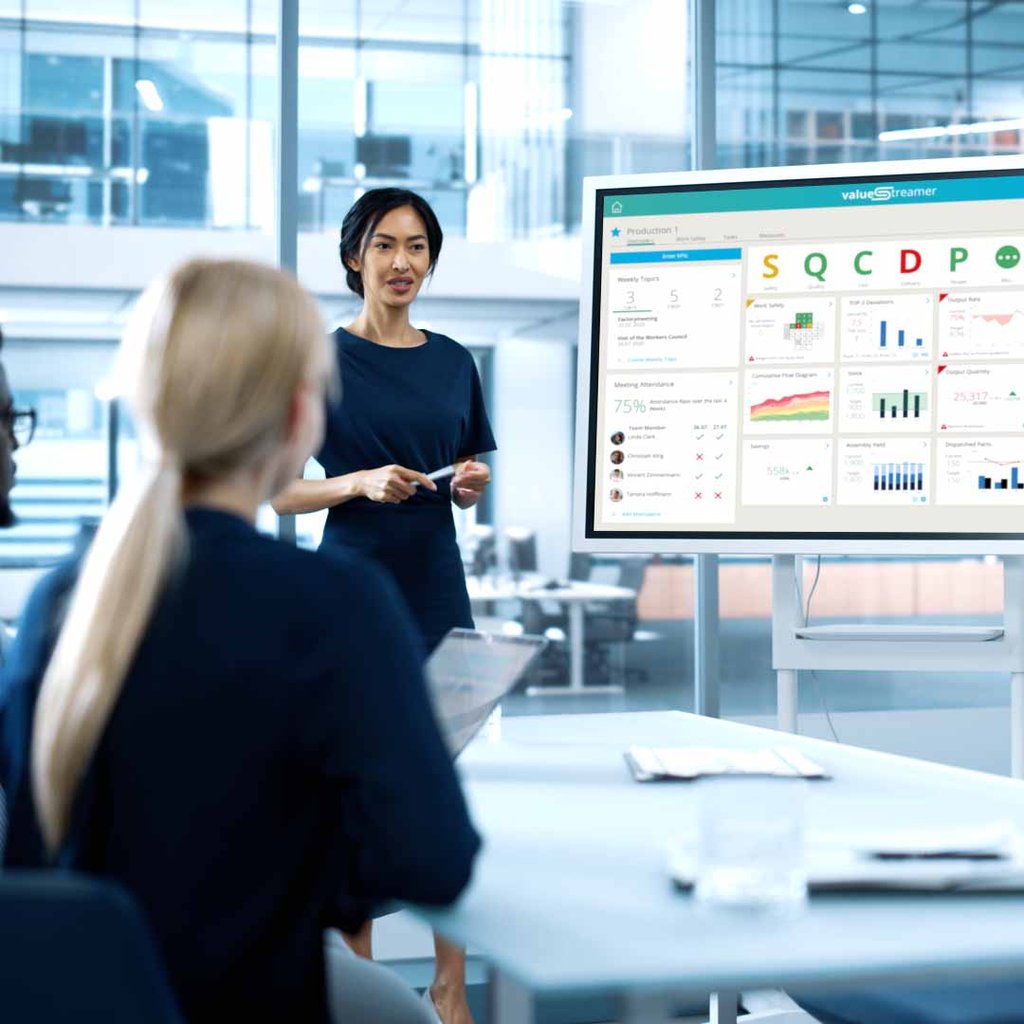 Woman stands next to large screen and presents key figures on digital Shop Floor dashboard.