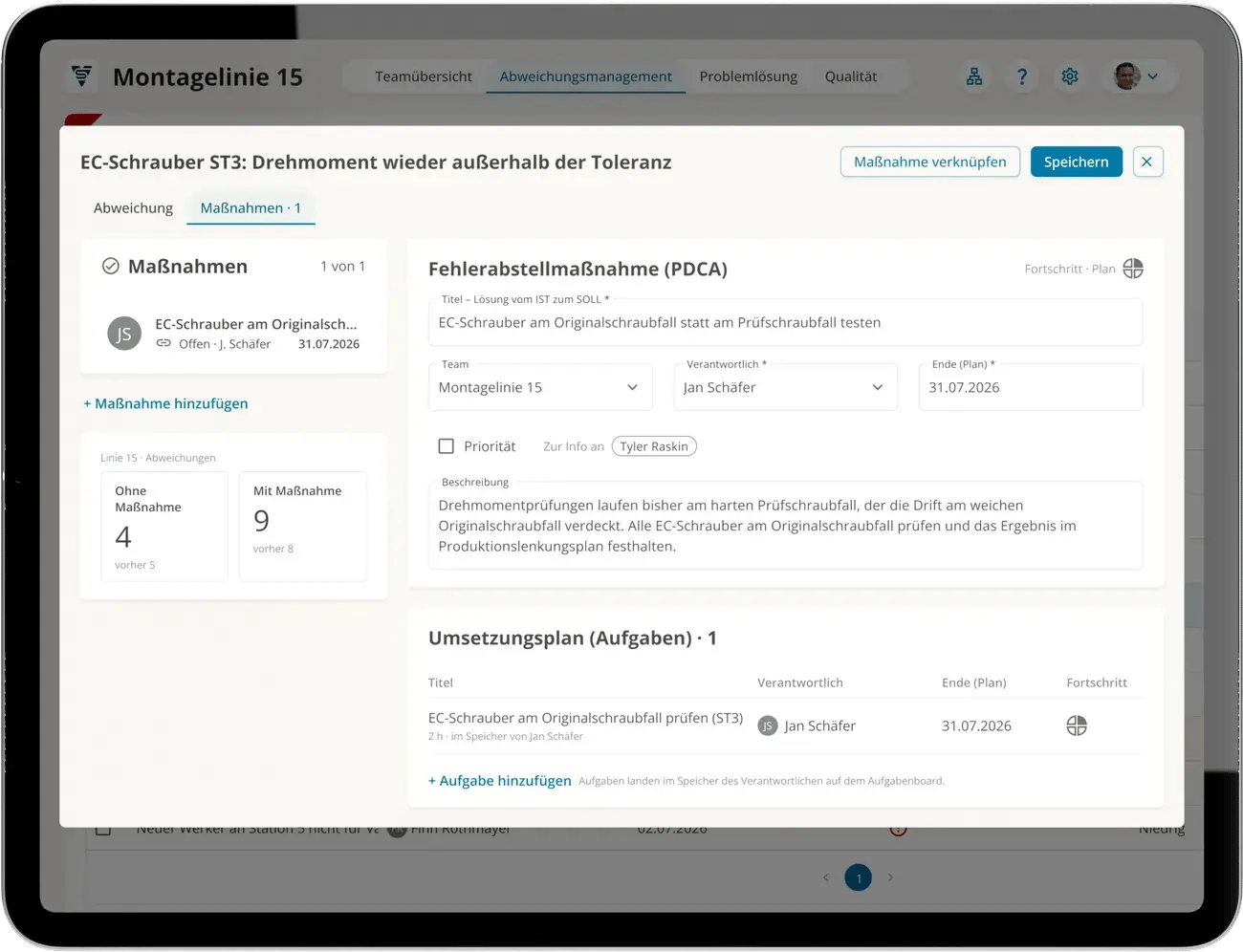 Maßnahme direkt an der Abweichung in ValueStreamer auf dem Tablet: Fehlerabstellmaßnahme nach PDCA mit Team, Verantwortlichem, Termin und Umsetzungsplan