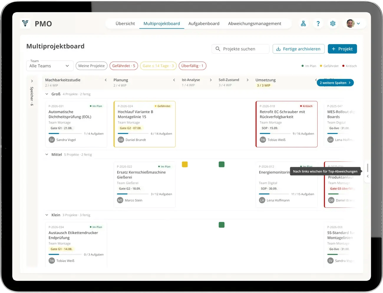 Multiprojektboard in ValueStreamer auf dem Tablet: Projekte nach Größe gruppiert in den Phasen Machbarkeitsstudie, Planung, Ist-Analyse, Soll-Zustand und Umsetzung, mit WIP-Grenzen, Gates und Status