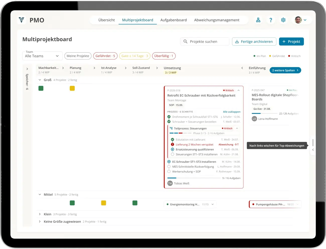 Geöffnete Prozesskarte im Multiprojektboard auf dem Tablet: Retrofit EC-Schrauber mit sechs Prozessschritten und dem kritischen Teilprozess Steuerungen, Lieferung zwei Wochen verspätet