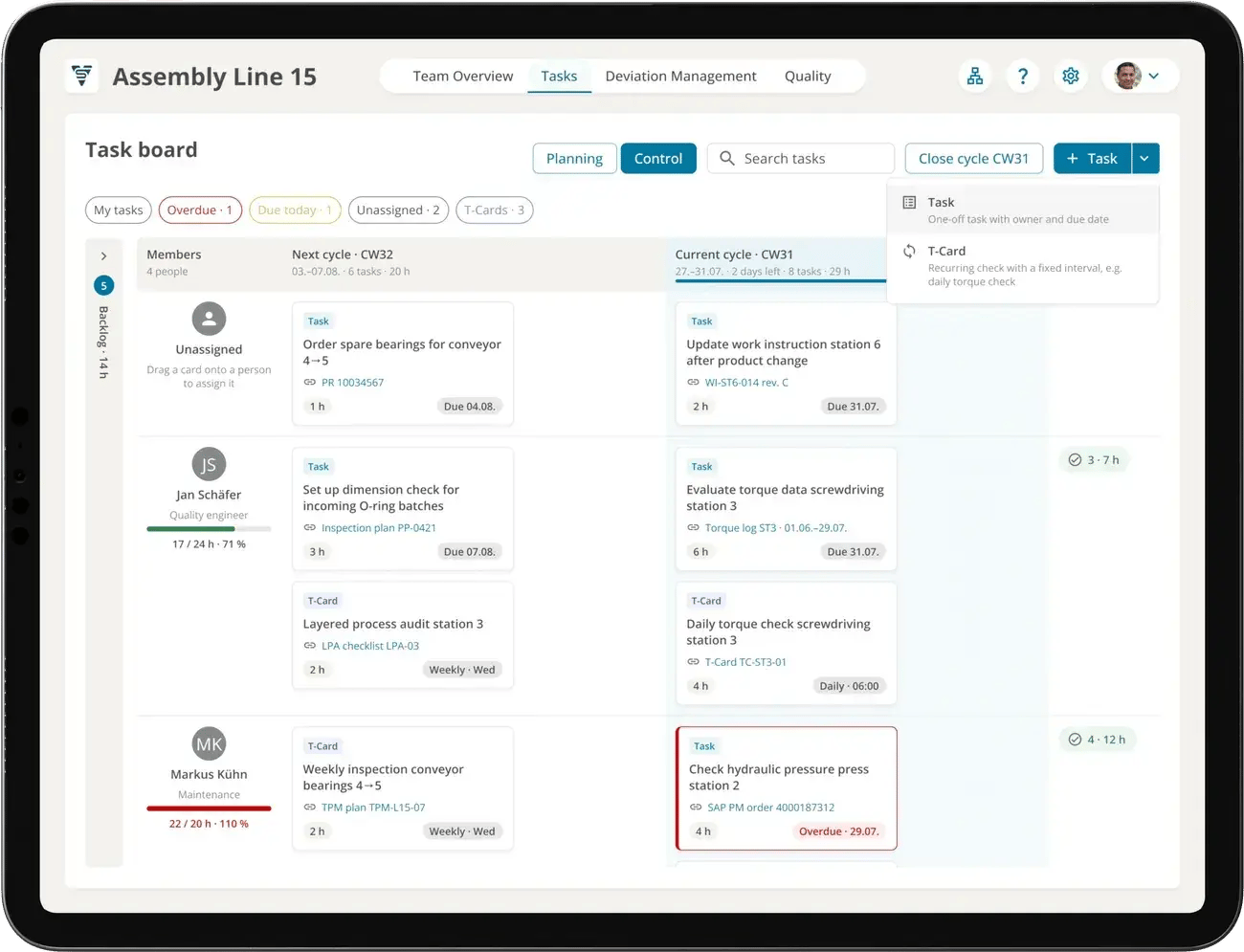 Task board in ValueStreamer on a tablet: tasks and T-Cards per person in weekly cycles, with effort, due date and workload