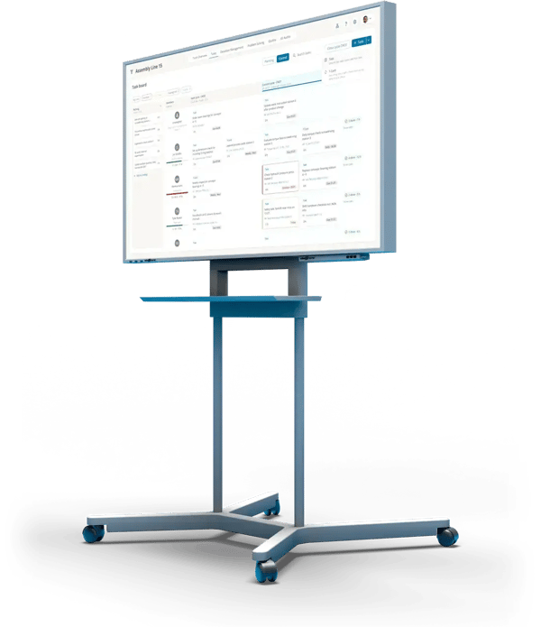 Digital shop floor board from ValueStreamer on a mobile large screen: task board of assembly line 15 with tasks and T-Cards per person in the current and next cycle
